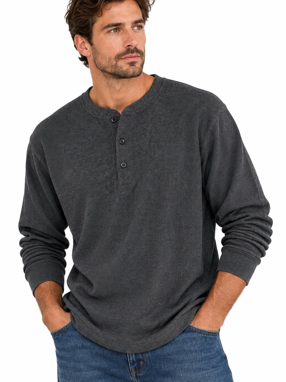 LL Bean Men’s Waffle Knit Thermal Henley Shirt Gray Large Tall 100% Cotton